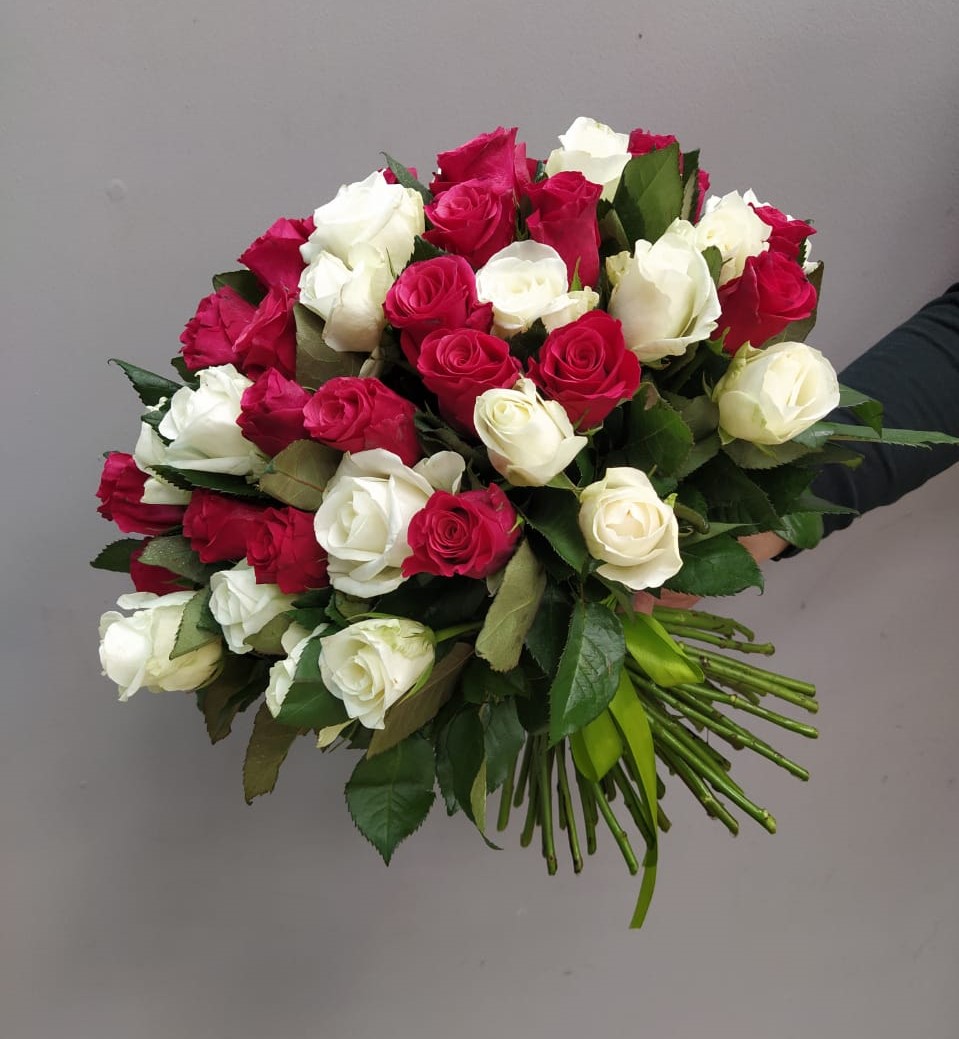 Букет из 51 Розы Кения 35 см Красно-белый 7312-КрБ