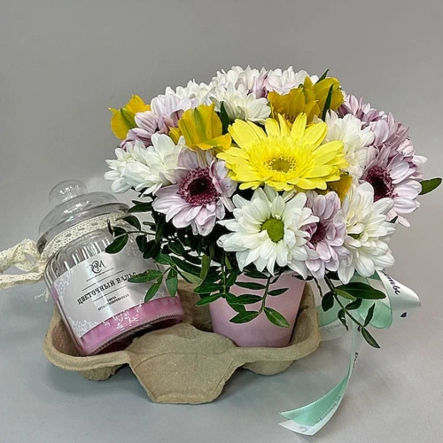 Сет "Цветочный вальс". Набор стаканчик с цветами и аромасвечой в банке арт. 70397